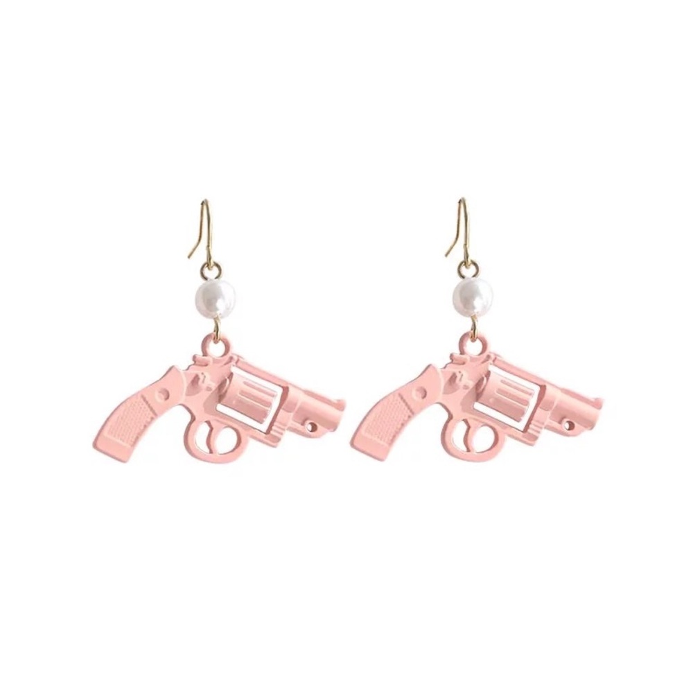 Pink Revolver Handgun Pearl Earrings